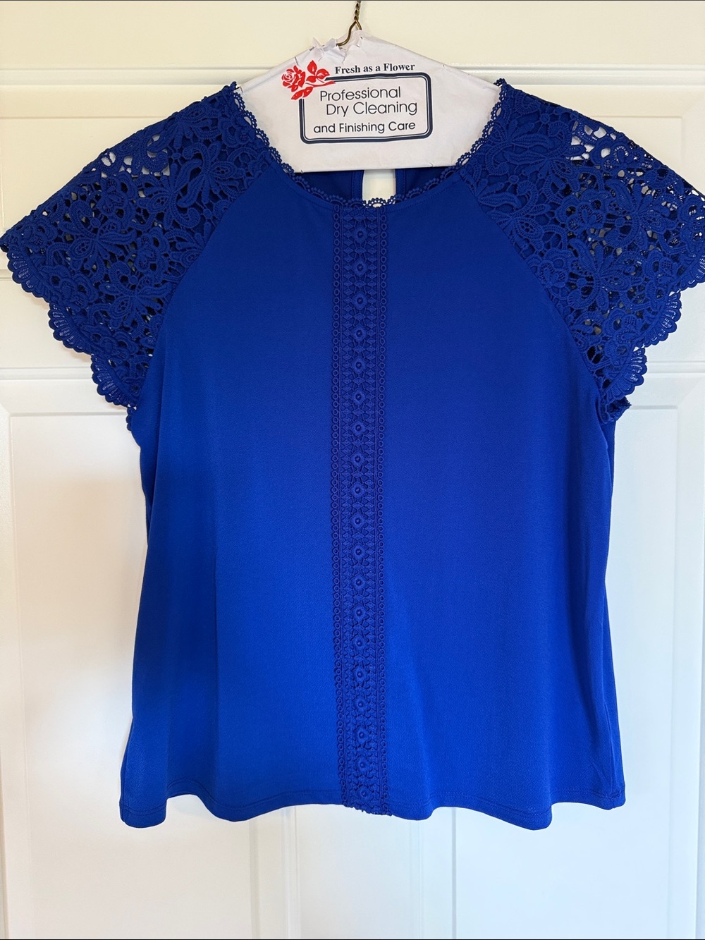 Cable & Gauge Royal Blue Crochet Cap Sleeve Blouse